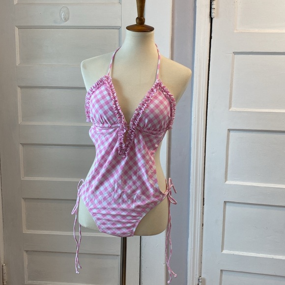 NWT Jessica Simpson Pink and White Gingham Print Monokini, Size XL - Picture 4 of 17